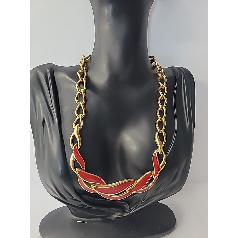 Vintage Napier Gold Tone Red Enamel Chunky Link Statement Necklace Jewelry - Picture 5 of 15
